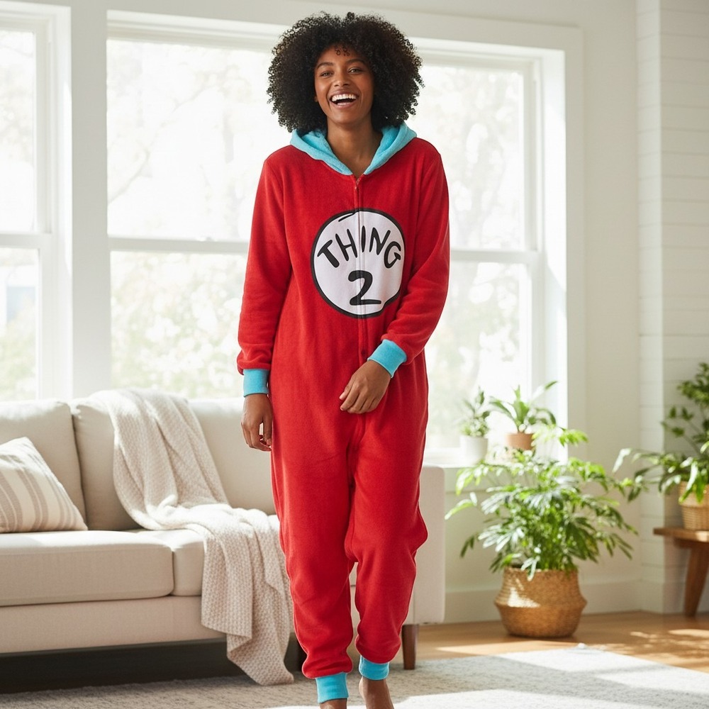 Spirit Halloween Dr Seuss Thing 2 Hooded Union Suit Red Blue Unisex One Size